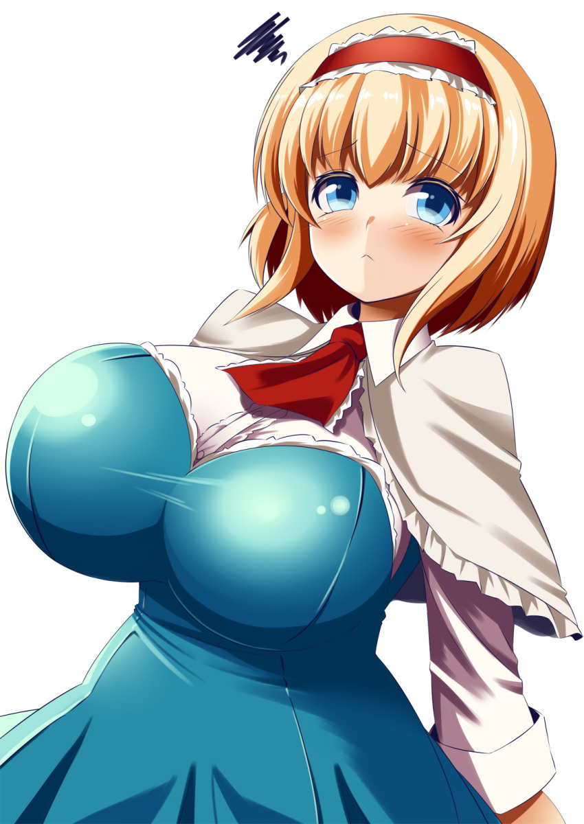1girl alice_margatroid ascot blonde_hair blue_dress blue_eyes breasts capelet dress frilled_ascot frills hairband highres large_breasts lolita_hairband puffy_short_sleeves puffy_sleeves red_hairband red_neckwear short_hair short_sleeves solo touhou xialu_zajin