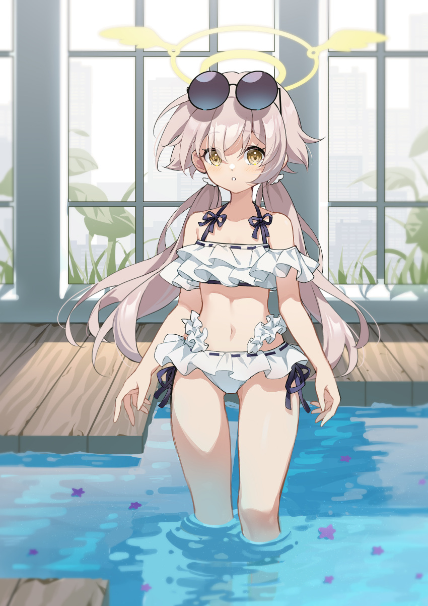 1girl absurdres blue_archive breasts collarbone commentary eyewear_on_head halo hifumi_(blue_archive) highres light_brown_hair long_hair looking_at_viewer low_twintails navel open_mouth pool shao_(shaorouhong) small_breasts solo sunglasses swimsuit twintails window yellow_eyes
