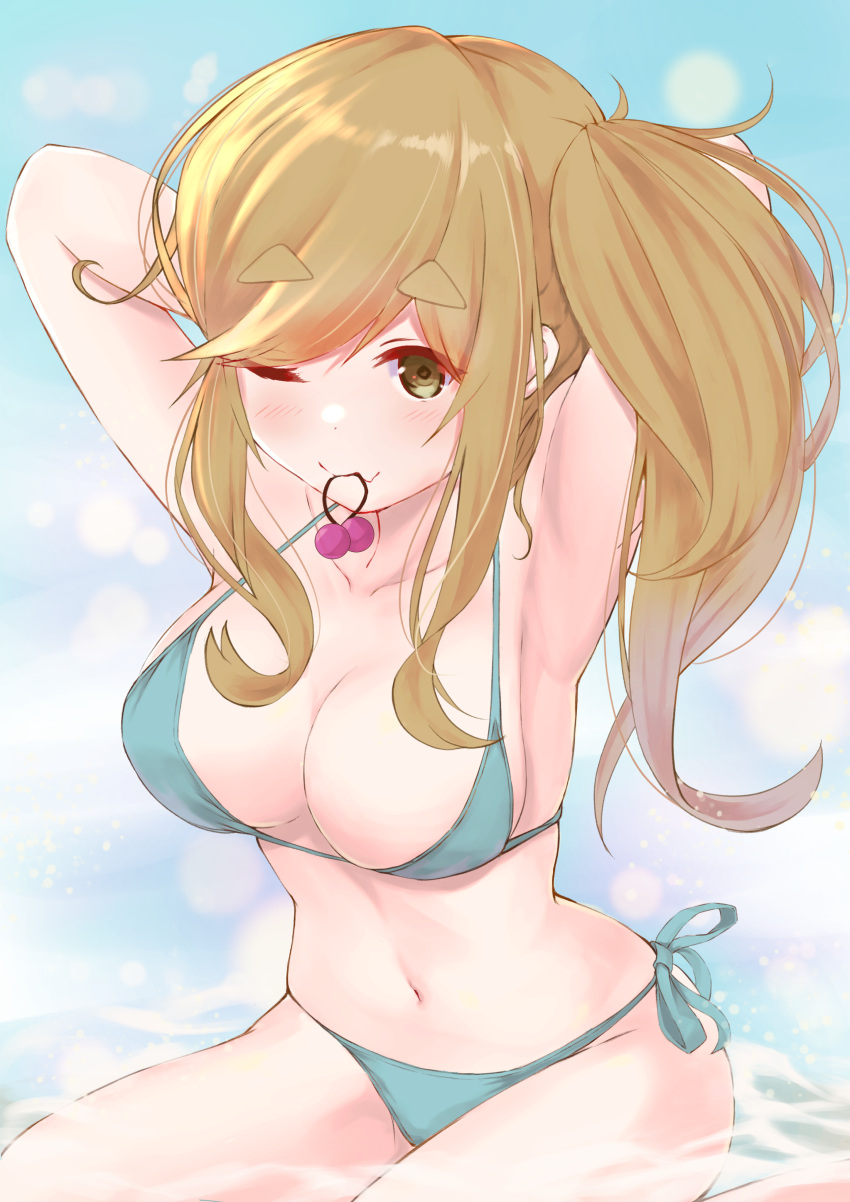 1girl :3 absurdres armpits arms_behind_head bikini blonde_hair breasts eyebrows_visible_through_hair file112056 highres inuyama_aoi large_breasts long_hair looking_at_viewer mouth_hold navel one_eye_closed side-tie_bikini side_ponytail sitting solo swimsuit thick_eyebrows wariza water yurucamp
