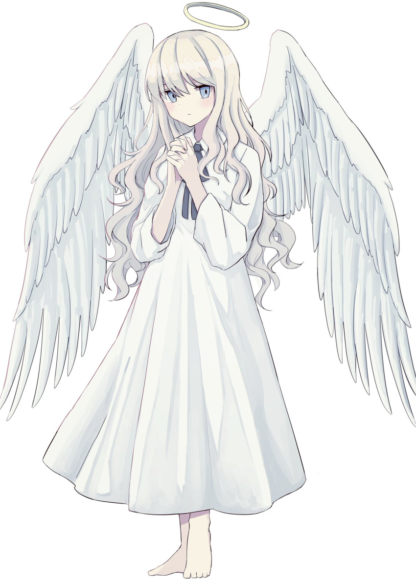1girl angel angel_wings dress full_body halo highres long_sleeves looking_at_viewer original sca120 simple_background solo white_background white_dress white_hair wings