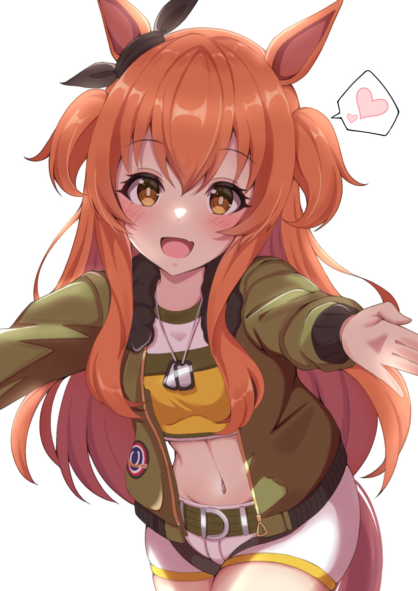 1girl :d animal_ears bangs belt belt_buckle blush buckle commentary_request crop_top eyebrows_visible_through_hair green_jacket heart highres jacket long_hair long_sleeves looking_at_viewer mayano_top_gun_(umamusume) nanao_(naoekaki25) navel open_mouth orange_hair shirt shorts sidelocks smile solo spoken_heart stomach twintails two_side_up umamusume white_background white_shorts yellow_eyes yellow_shirt