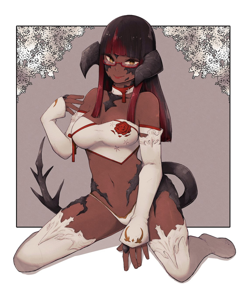 1girl au_ra bandeau bangs bare_shoulders blunt_bangs boots border closed_mouth dark-skinned_female dark_skin final_fantasy final_fantasy_xiv fingernails glasses hand_up highres horns lamb-oic029 long_hair long_sleeves looking_at_viewer monster_girl navel panties red-framed_eyewear scales semi-rimless_eyewear smile solo strapless tail thigh-highs thigh_boots tubetop under-rim_eyewear underwear white_border white_footwear white_panties yellow_eyes