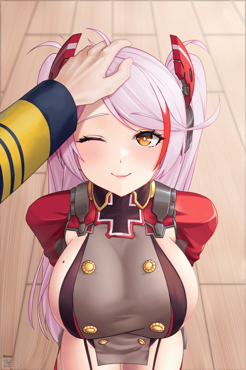 1girl ;) absurdres azur_lane breasts buttons commander_(azur_lane) commentary double-breasted english_commentary eyebrows_visible_through_hair headpat highres large_breasts looking_at_viewer mole mole_on_breast multicolored_hair one_eye_closed pov prinz_eugen_(azur_lane) redhead sideboob smile upper_body white_hair whitter