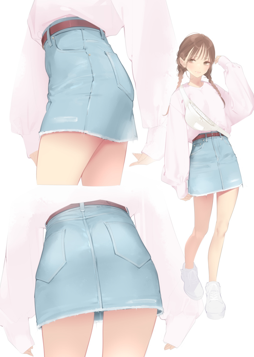 1girl ama_mitsuki arm_up bag bare_legs belt blue_skirt braid brown_eyes brown_hair closed_mouth cropped_legs denim denim_skirt full_body highres long_sleeves looking_at_viewer miniskirt multiple_views original platform_footwear puffy_long_sleeves puffy_sleeves simple_background skirt sleeves_past_wrists smile standing sweater twin_braids white_background white_footwear white_sweater