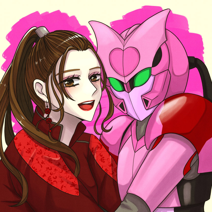 2girls blush brown_hair crossover earrings green_eyes high_ponytail kamen_rider kamen_rider_saber_(series) kikai_sentai_zenkaiger looking_at_viewer magine open_mouth ponytail ride_07p robot shindai_reika super_sentai upper_teeth yuri