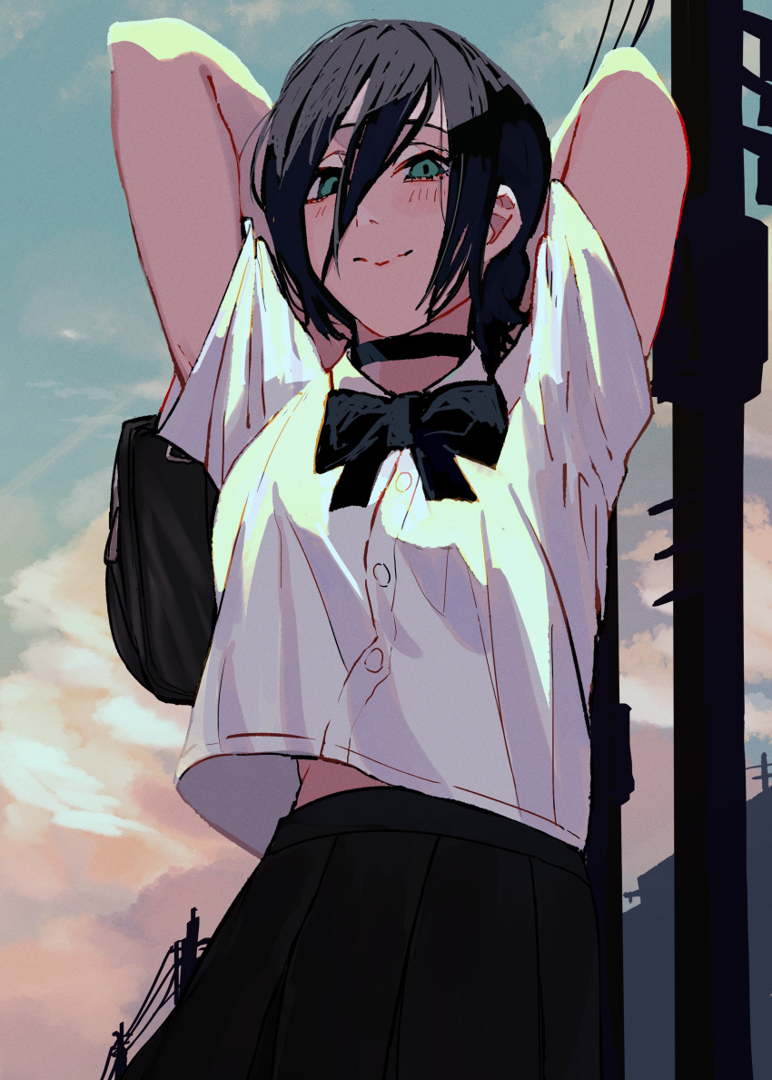 1girl absurdres arms_behind_back arms_up asyde bag black_hair black_neckwear black_skirt bow bowtie chainsaw_man choker clouds green_eyes hair_between_eyes highres looking_at_viewer medium_hair midriff_peek pleated_skirt power_lines reze_(chainsaw_man) shirt short_sleeves skirt sky smile solo utility_pole white_shirt