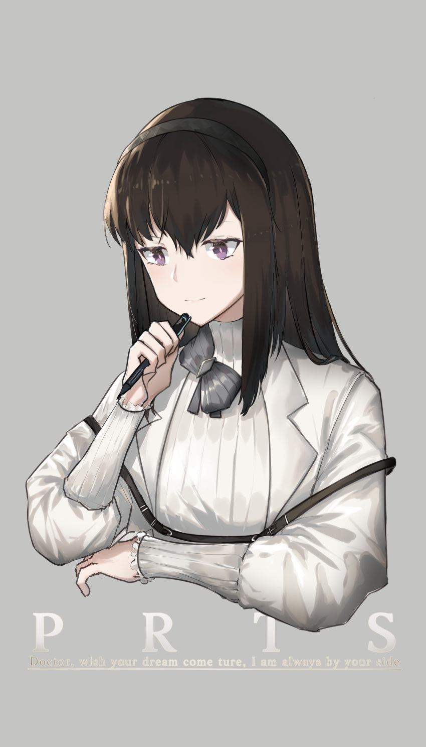 1girl absurdres arknights black_hairband bow bowtie brown_hair closed_mouth commentary_request cropped_torso english_text grey_background grey_neckwear hairband hand_up highres holding holding_pen jacket light_smile long_hair pen priestess_(arknights) ribbed_sweater simple_background solo sweater symbol-shaped_pupils turtleneck turtleneck_sweater upper_body vchan violet_eyes white_jacket white_sweater