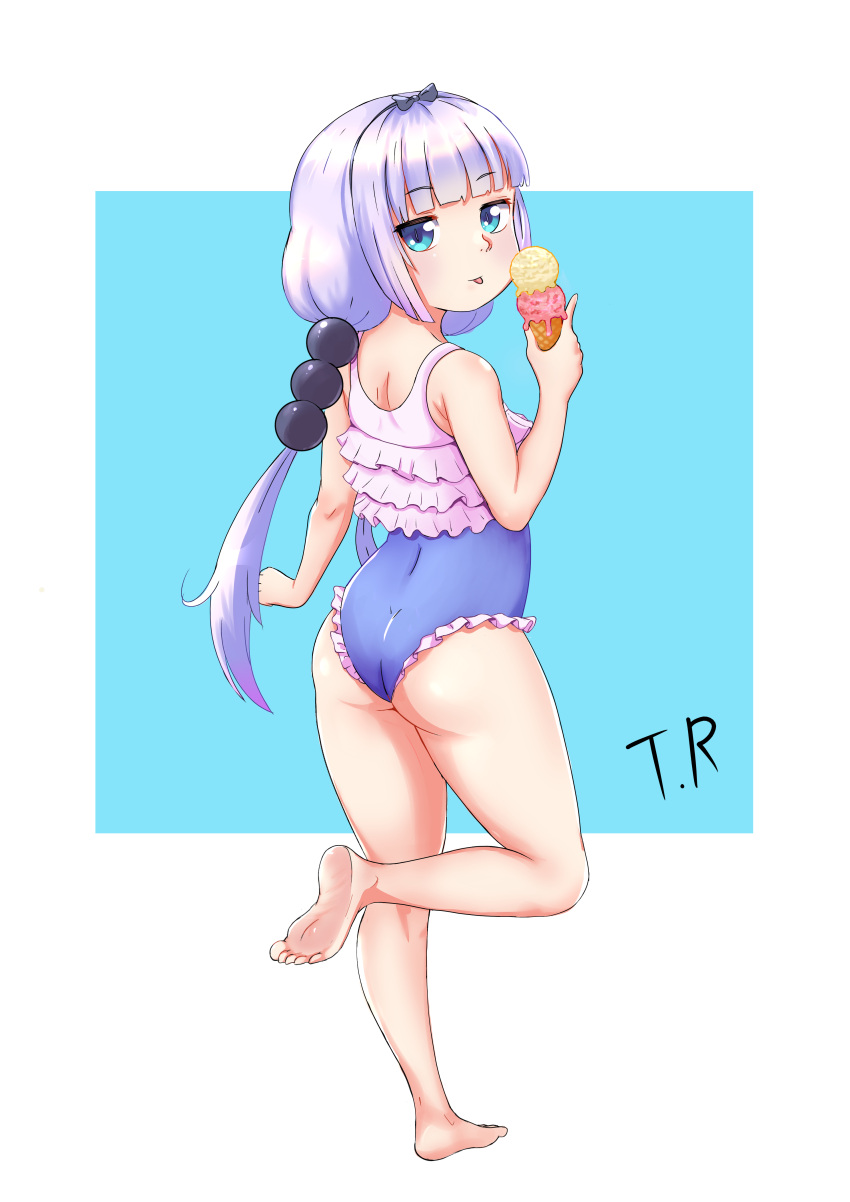 1girl absurdres ass barefoot beads blue_background blue_eyes blue_swimsuit bow casual_one-piece_swimsuit eating eyebrows_visible_through_hair feet food from_behind full_body hair_beads hair_bow hair_ornament highres ice_cream ice_cream_cone kanna_kamui kobayashi-san_chi_no_maidragon leg_up legs long_hair looking_back low_twintails one-piece_swimsuit pink_hair ribbon running simple_background soles solo swimsuit thighs toes tongue triagorodri twintails