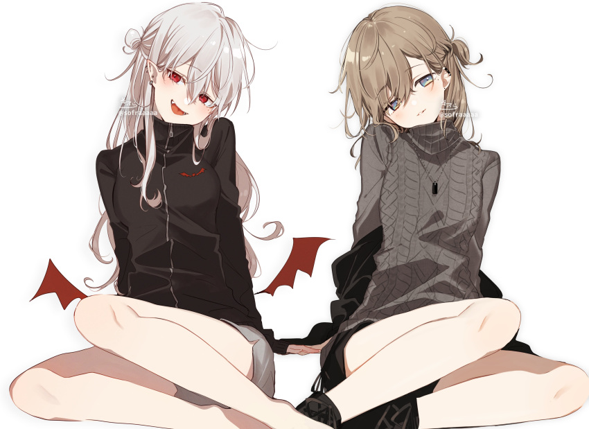 2girls :d absurdres aran_sweater bangs barefoot bat_wings black_footwear black_jacket black_nails blue_eyes boots breasts brown_hair commentary cross-laced_footwear earrings eyebrows_visible_through_hair fang feet_out_of_frame genderswap genderswap_(mtf) grey_hair grey_shorts grey_sweater hair_between_eyes hair_bun head_tilt highres jacket jewelry kanae_(nijisanji) kuzuha_(nijisanji) lace-up_boots long_hair long_sleeves looking_at_viewer low_wings mini_wings multiple_girls nail_polish nijisanji off_shoulder one_side_up open_clothes open_jacket open_mouth parted_lips pointy_ears red_eyes red_wings short_shorts shorts side_bun signature simple_background sleeves_past_wrists small_breasts smile sofra sweater symbol_commentary track_jacket turtleneck turtleneck_sweater twitter_username very_long_hair virtual_youtuber white_background wings
