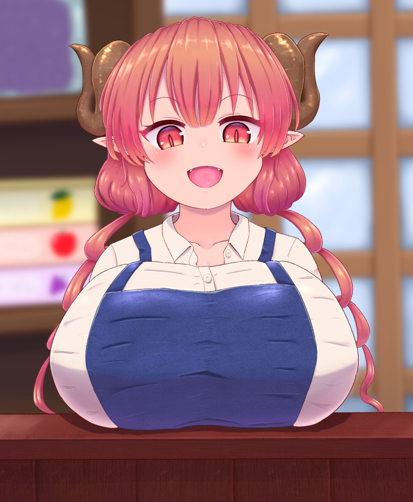 1girl absurdres apron bangs blue_apron blurry blurry_background blush breast_rest breasts brown_horns commentary_request curled_horns fangs highres horns huge_breasts ilulu_(maidragon) kobayashi-san_chi_no_maidragon looking_at_viewer low_twintails open_mouth oppai_loli partially_unbuttoned pink_hair quohma red_eyes shirt short_stack slit_pupils solo taut_clothes taut_shirt twintails upper_body white_shirt