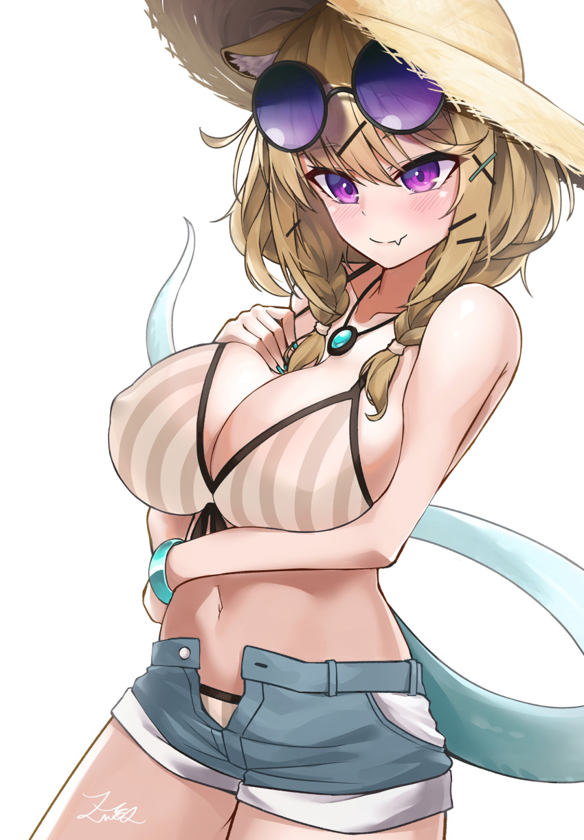 1girl animal_ear_fluff animal_ears aqua_nails arknights bikini bikini_top blonde_hair blue_shorts blush breasts covered_nipples cowboy_shot denim denim_shorts eyewear_on_head fang hair_ornament hairclip hand_on_own_chest highres huge_breasts jewelry looking_away midriff navel necklace official_alternate_costume open_fly short_hair shorts signature simple_background skin_fang smile solo striped striped_bikini sunglasses swimsuit tail utage_(arknights) utage_(summer_flowers)_(arknights) violet_eyes white_background wristband x_hair_ornament z.m._(school913102)