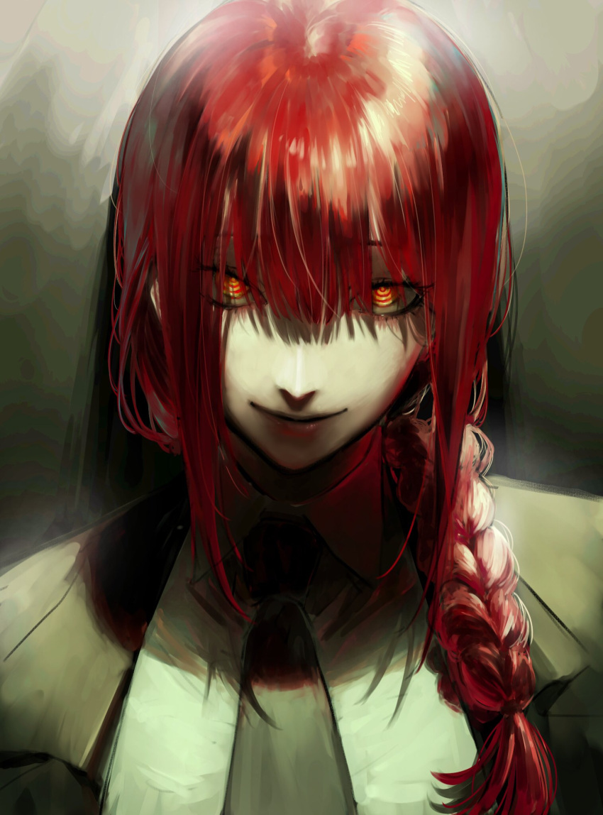 1girl akuta_vi bangs black_neckwear braid braided_ponytail chainsaw_man close-up collared_shirt face formal glowing glowing_eyes hair_between_eyes hair_over_shoulder highres looking_at_viewer makima_(chainsaw_man) necktie portrait redhead ringed_eyes shirt simple_background smile solo suit upper_body white_shirt yellow_eyes