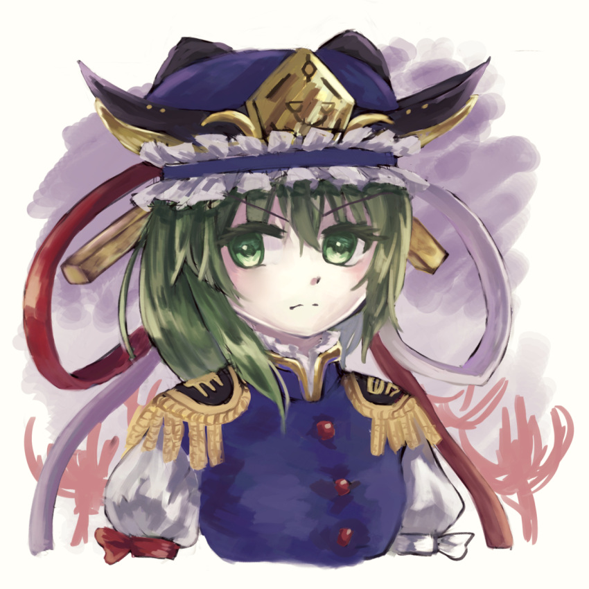 1girl asymmetrical_hair blue_headwear blue_vest botan_yukimoti buttons closed_mouth cropped_torso epaulettes eyebrows_visible_through_hair flower gold_trim green_eyes green_hair hat highres looking_at_viewer puffy_sleeves red_flower red_ribbon ribbon serious shiki_eiki short_hair simple_background solo spider_lily touhou upper_body v-shaped_eyebrows vest white_background white_ribbon