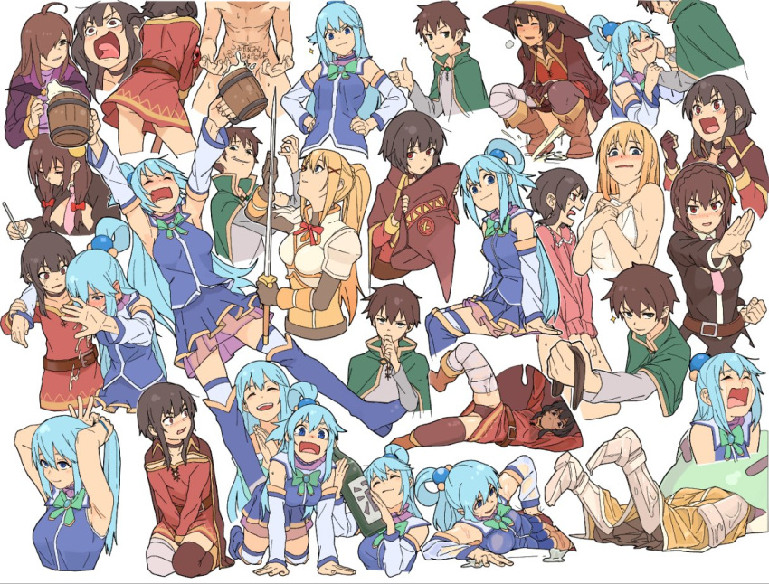 1boy 5girls ahoge alcohol all_fours aqua_(konosuba) arm_around_shoulder arm_support armor armored_boots armpits ass bandaged_leg bandages bare_shoulders beer_mug belt between_breasts blonde_hair blue_eyes blue_footwear blue_hair blue_legwear blue_shirt blue_skirt blush bodystocking boots bottle bow braid breasts brown_belt brown_cape brown_eyes brown_footwear brown_gloves brown_hair cape cheek_pull clenched_hand clenched_hands cloak closed_eyes closed_mouth crown_braid crying cup darkness_(konosuba) detached_sleeves dress fighting_stance fingerless_gloves gloves green_bow green_cape hair_ornament hair_over_one_eye hair_rings hand_to_own_mouth hands_on_hips hat hat_removed headwear_removed high_ponytail holding holding_another holding_bottle holding_sword holding_weapon kneeling kono_subarashii_sekai_ni_shukufuku_wo! large_breasts long_hair looking_down looking_to_the_side looking_up low_tied_hair lying megumin mug multiple_girls naked_towel necktie necktie_between_breasts nude on_stomach open_mouth outstretched_arm partially_submerged pink_neckwear ponytail red_cloak red_dress red_eyes robe satou_kazuma shima_(landsuzume) shirt short_hair short_hair_with_long_locks sidelocks single_thighhigh sitting skirt sleeveless sleeveless_shirt smile squatting standing sword thigh-highs thigh_boots thighhighs_under_boots thighs thumbs_up tongue tongue_out towel tying_hair weapon white_background white_towel witch_hat wiz_(konosuba) writing x_hair_ornament yunyun_(konosuba)