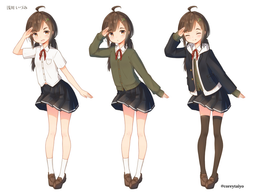 1girl :p ^_^ ahoge arm_up bangs black_jacket black_skirt blazer blush brown_eyes brown_footwear brown_hair brown_legwear cardigan closed_eyes closed_mouth collared_shirt coreytaiyo eyebrows_visible_through_hair green_cardigan hair_ornament hairclip highres hood hood_down hooded_jacket jacket loafers long_hair long_sleeves mole mole_under_eye multiple_views neck_ribbon open_clothes open_jacket original pleated_skirt red_ribbon ribbon school_uniform shirt shoes short_sleeves simple_background skirt sleeves_past_wrists smile socks thick_eyebrows thigh-highs tongue tongue_out translation_request twitter_username white_background white_jacket white_legwear white_shirt zettai_ryouiki