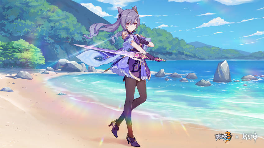 1girl bangs beach black_legwear blue_sky clouds cloudy_sky company_connection crossover double_bun dress full_body genshin_impact gloves hair_between_eyes hair_ornament high_heels highres holding holding_sword holding_weapon honkai_(series) honkai_impact_3rd keqing_(genshin_impact) long_hair looking_at_viewer mihoyo_technology_(shanghai)_co._ltd. ocean official_art outdoors pantyhose purple_dress purple_footwear purple_gloves purple_hair resized sand shoes sky solo sword tree twintails upscaled violet_eyes weapon