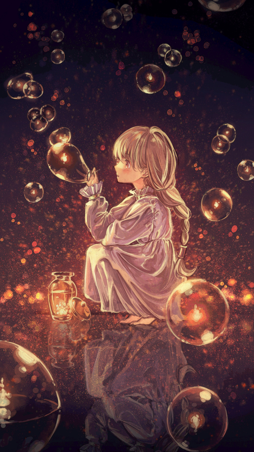 1girl blonde_hair braid bubble dress from_side glowing highres jar long_hair marutani original profile reflection soap_bubbles solo squatting white_dress