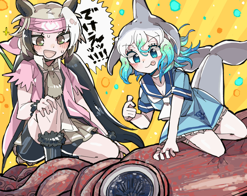 2girls :p absurdres animal animal_ears aqua_eyes aqua_hair ascot bare_arms bear_ears bike_shorts bike_shorts_under_skirt black_hair blowhole blue_hair brown_eyes closed_mouth coat common_dolphin_(kemono_friends) dolphin_tail dorsal_fin dress dutch_angle ezo_brown_bear_(kemono_friends) fins frilled_dress frills giant_squid green_hair grey_hair head_fins headband highres kanmoku-san kemono_friends kemono_friends_3 kneeling leaning_to_the_side long_hair looking_at_another medium_hair microskirt multicolored_hair multiple_girls one_knee open_clothes open_coat outstretched_arm sailor_collar shirt short_dress short_sleeves skirt smile squid sweat tail tail_fin tongue tongue_out torn_clothes torn_sleeves twintails twisted_torso very_long_hair white_hair