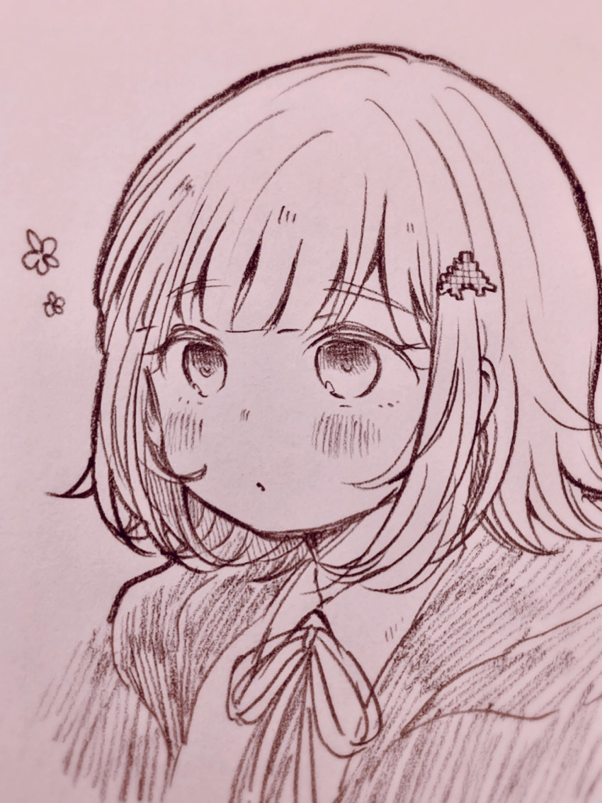 1girl bangs blush commentary_request dangan_ronpa_(series) dangan_ronpa_2:_goodbye_despair eyebrows_visible_through_hair face floral_print hair_ornament hairclip highres hood hooded_jacket jacket monochrome nanami_chiaki neck_ribbon portrait ribbon shirt sketch solo traditional_media upper_body yuki_maru_(yukimaru_1)