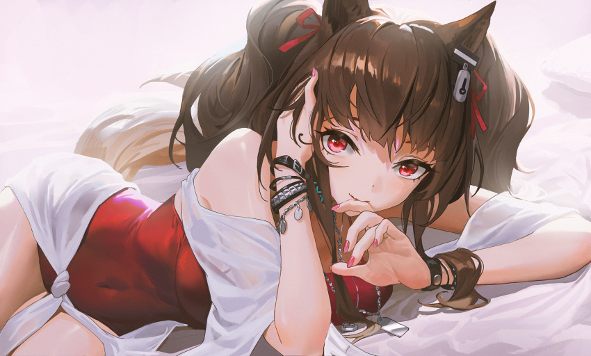 1girl angelina_(arknights) angelina_(summer_flowers)_(arknights) animal_ears arknights bangs bare_shoulders bracelet breasts casual_one-piece_swimsuit closed_mouth covered_navel fingernails fox_ears fox_girl fox_tail hair_ribbon hand_in_hair highres jewelry long_fingernails long_hair looking_at_viewer lying medium_breasts nail_polish necklace official_alternate_costume on_side one-piece_swimsuit pink_eyes pink_nails red_ribbon red_swimsuit ribbon solo swimsuit tail ttk_(kirinottk) twintails
