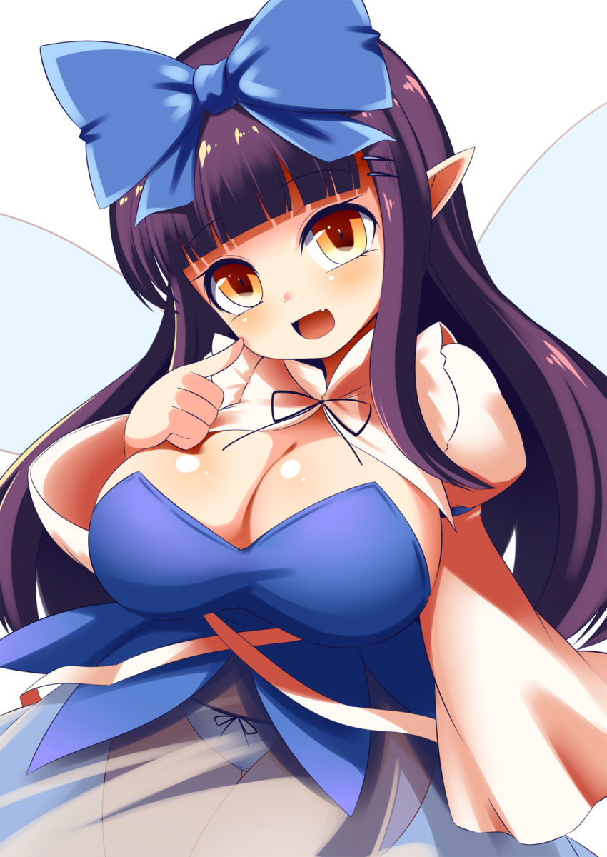 1girl :d alternate_breast_size black_hair blush bow breasts cleavage_cutout clothing_cutout dress fairy hair_bow highres hime_cut large_breasts long_hair open_mouth panties pantyshot pointy_ears smile solo star_sapphire touhou underwear upper_body wide_sleeves xialu_zajin yellow_eyes
