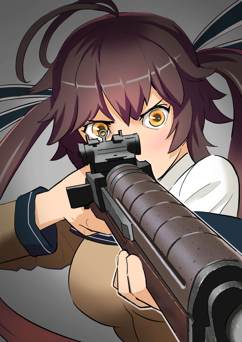1girl absurdres ahoge aiming amehashi_(vdde3724) antenna_hair bangs battle_rifle breasts brown_hair commentary_request girls_frontline grey_background gun hair_ribbon highres holding holding_gun holding_weapon large_breasts long_hair long_sleeves m14 m14_(girls_frontline) off_shoulder ribbon rifle solo twintails upper_body weapon yellow_eyes