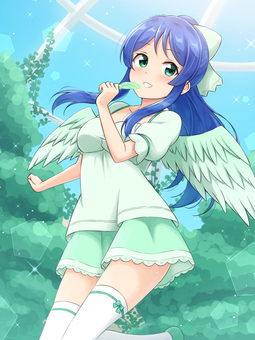 1girl :d absurdres blue_hair breasts commentary_request eyebrows_visible_through_hair feathered_wings feathers green_skirt hair_ribbon highres holding holding_feather lens_flare long_hair looking_at_viewer medium_breasts open_mouth original puffy_short_sleeves puffy_sleeves ribbon shiraha_maru shirt short_sleeves sidelocks skirt smile solo sparkle thigh-highs white_legwear white_shirt wings