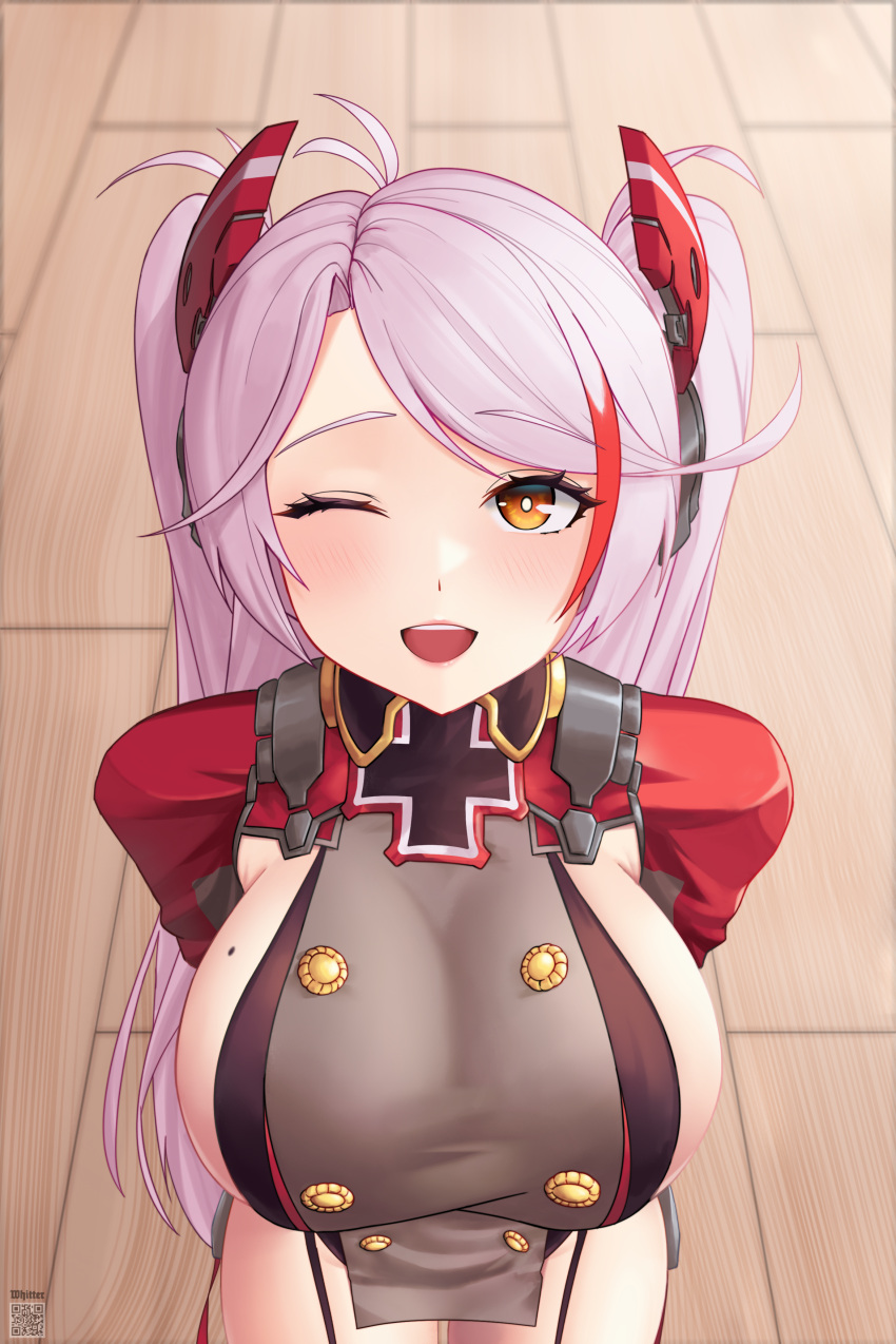 1girl ;d absurdres azur_lane breasts buttons closed_eyes commentary double-breasted english_commentary eyebrows_visible_through_hair highres large_breasts looking_at_viewer mole mole_on_breast multicolored_hair one_eye_closed open_mouth prinz_eugen_(azur_lane) redhead sideboob smile upper_body white_hair whitter