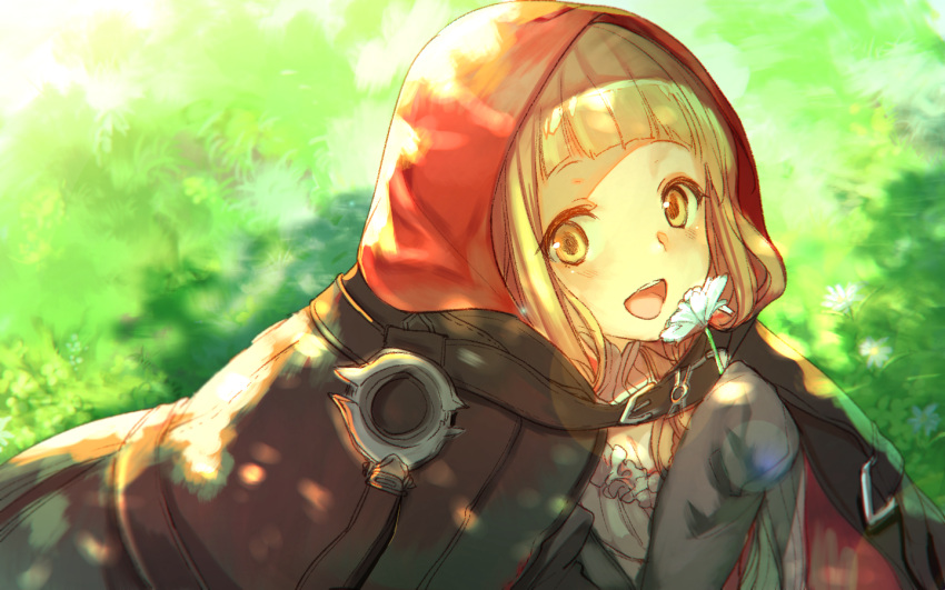 1girl :d bangs blonde_hair cape dress flower grass hair_between_eyes holding holding_flower little_red_riding_hood_(sinoalice) long_hair long_sleeves looking_at_viewer lying on_stomach open_mouth outstretched_arms red_cape red_dress shadow sinoalice smile solo teroru white_flower yellow_eyes
