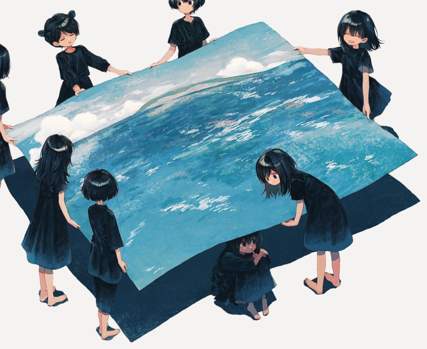 6+girls barefoot black_dress black_hair closed_eyes closed_mouth clouds double_bun dress finger_to_mouth grey_background highres holding ka_(marukogedago) long_hair long_sleeves medium_hair multiple_girls ocean open_mouth original painting_(object) shade short_hair short_sleeves shushing sitting standing