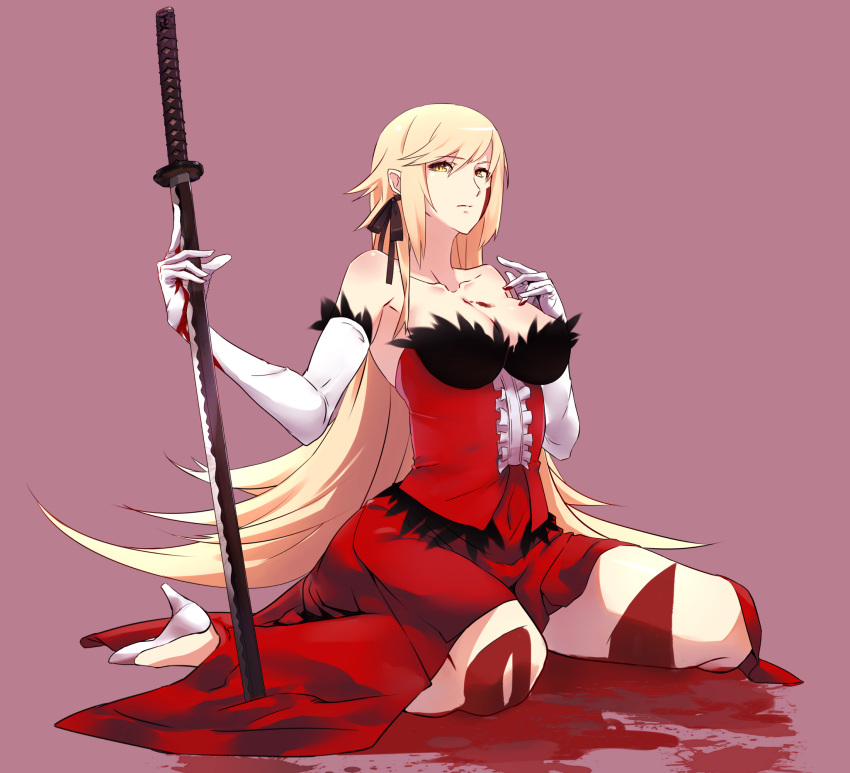 1girl bare_shoulders blonde_hair blood blood_on_face blood_stain bloody_hands bridal_gauntlets collarbone dress eyebrows_visible_through_hair fur_trim gloves hair_ribbon high_heels highres holding holding_sword holding_weapon katana kiss-shot_acerola-orion_heart-under-blade kizumonogatari kneeling long_hair looking_at_viewer monogatari_(series) planted planted_sword pointy_ears pool_of_blood rdc7229 red_dress ribbon simple_background solo sword thighs weapon white_gloves yellow_eyes