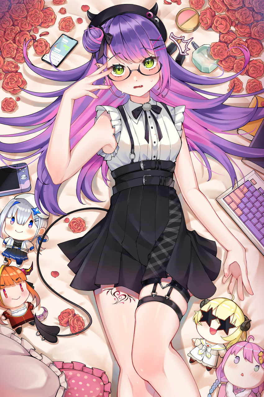 1girl ^^^ absurdres amane_kanata bangs bed_sheet belt beret black-framed_eyewear black_belt black_headwear black_neckwear black_ribbon black_skirt blush bottle breasts cellphone character_doll collared_shirt commentary cowboy_shot cross cross_earrings demon_tail ear_piercing earrings embarrassed english_commentary eyebrows_visible_through_hair fang flower frilled_pillow frilled_shirt frills from_above glasses green_eyes hair_bun hair_ornament hair_ribbon hairclip hat hat_pin heart heart_ring heart_tattoo highres himemori_luna hololive horned_headwear huge_filesize jewelry keyboard_(computer) kiryu_coco libratul long_hair looking_at_viewer lying medium_breasts miniskirt multicolored_hair neck_ribbon nintendo_switch notebook o-ring o-ring_legwear official_alternate_costume on_back open_mouth perfume_bottle phone piercing pillow pink_hair pleated_skirt polka_dot polka_dot_pillow pom_pom_(clothes) purple_hair ribbon rose semi-rimless_eyewear shirt shirt_tucked_in side_bun skindentation skirt sleeveless sleeveless_shirt smartphone solo star-shaped_eyewear streaked_hair suspender_skirt suspenders sweatdrop swept_bangs tail tattoo thigh_strap thigh_tattoo tokoyami_towa tsunomaki_watame two-tone_hair virtual_youtuber wavy_mouth white_shirt wing_collar x_hair_ornament