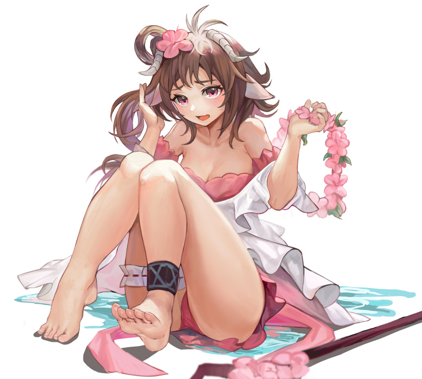 1girl absurdres animal_ears antenna_hair arknights armpit_crease bangs bare_legs bare_shoulders barefoot bikini brown_hair chinese_commentary collarbone commentary_request eyjafjalla_(arknights) eyjafjalla_(summer_flowers)_(arknights) flower hair_flower hair_ornament highres horns infection_monitor_(arknights) knees_up lan_xiezi leg_garter legs long_hair looking_at_viewer off-shoulder_bikini off_shoulder open_mouth pink_bikini pink_eyes pink_flower sheep_ears sheep_horns short_sleeves simple_background sitting solo swimsuit thighs white_background wreath