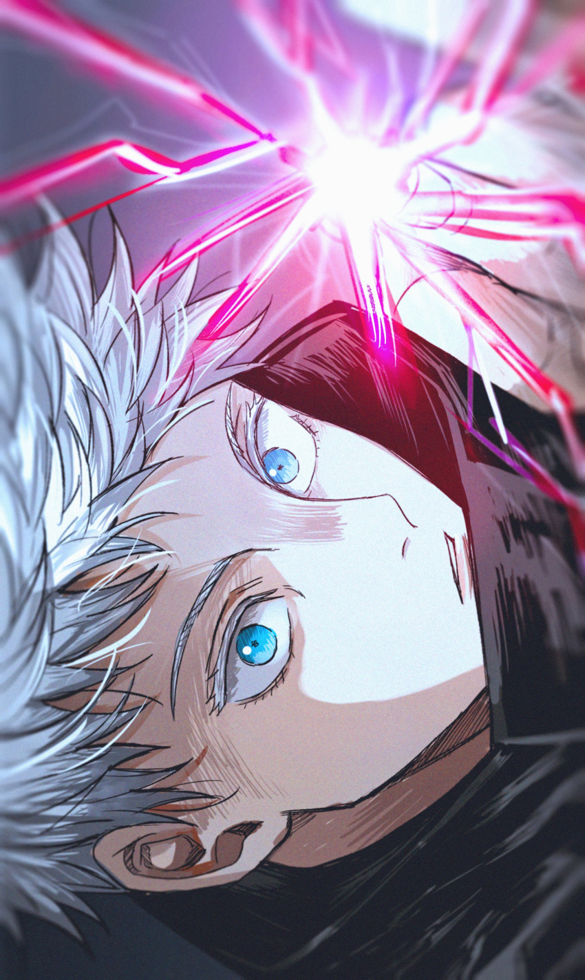 1boy absurdres bangs black_background black_jacket blue_eyes dmsco1803 gojou_satoru hand_up high_collar highres jacket jujutsu_kaisen looking_at_viewer magic male_focus parted_lips portrait short_hair solo white_hair