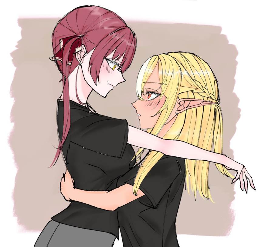 2girls arms_around_waist black_shirt blonde_hair blush braid dark-skinned_female dark_skin french_braid from_side hair_ribbon highres hololive houshou_marine long_hair multiple_girls pointy_ears profile red_eyes red_ribbon redhead ribbon shiranui_flare shirt smile t-shirt twintails upper_body virtual_youtuber yellow_eyes yuri zanka_adashino