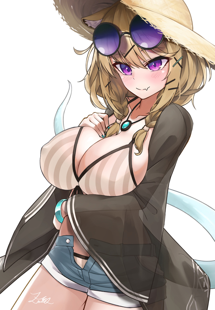 1girl animal_ear_fluff animal_ears aqua_nails arknights bikini bikini_top blonde_hair blue_shorts blush breasts covered_nipples cowboy_shot denim denim_shorts eyewear_on_head fang hair_ornament hairclip hand_on_own_chest highres huge_breasts jewelry looking_away midriff navel necklace official_alternate_costume open_fly see-through short_hair shorts signature simple_background skin_fang smile solo striped striped_bikini sunglasses swimsuit tail utage_(arknights) utage_(summer_flowers)_(arknights) violet_eyes white_background wristband x_hair_ornament z.m._(school913102)