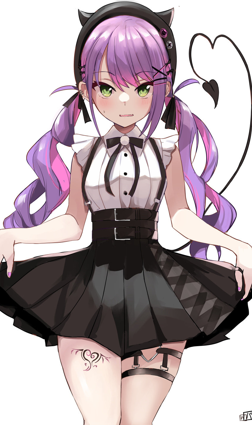 1girl absurdres bare_arms beret black_headwear black_neckwear black_skirt blush collared_shirt cowboy_shot demon_girl demon_tail ear_piercing embarrassed frilled_sleeves frills green_eyes hair_ornament hairclip hat heart heart_tail high-waist_skirt highres hololive long_hair looking_at_viewer miniskirt multicolored_hair neck_ribbon parted_lips piercing pineapple_(pine) pink_hair pleated_skirt purple_hair ribbon shirt short_sleeves sidelocks simple_background skirt skirt_hold solo streaked_hair suspender_skirt suspenders sweatdrop tail tail_ornament tail_piercing thigh_strap thigh_tattoo thighs tokoyami_towa tsurime twintails virtual_youtuber wavy_mouth white_background white_shirt x_hair_ornament
