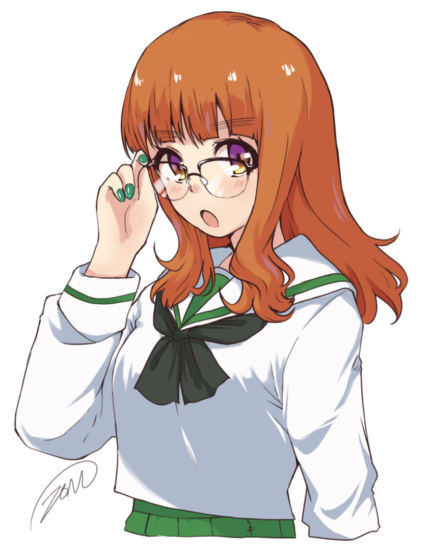 1girl adjusting_eyewear alternate_eyewear artist_name bangs black-framed_eyewear blunt_bangs commentary cowboy_shot eyebrows_visible_through_hair frown girls_und_panzer glasses highres long_hair looking_at_viewer ooarai_school_uniform open_mouth orange_eyes orange_hair over-rim_eyewear school_uniform semi-rimless_eyewear signature simple_background solo takebe_saori white_background zono_(inokura_syuzo029)