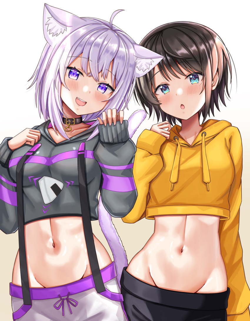 2girls :d :o absurdres ahoge animal_collar animal_ear_fluff animal_ears bangs black_collar black_hoodie black_shorts blue_eyes blush breasts brown_hair cat_ears cat_girl cat_tail collar collarbone commentary_request cowboy_shot cropped_hoodie crossed_bangs drawstring eyebrows_visible_through_hair groin hair_between_eyes hand_up hands_up head_tilt highres hololive hood hood_down hoodie long_sleeves looking_at_viewer medium_breasts midriff multiple_girls navel nekomata_okayu nootomo onigiri_print oozora_subaru open_mouth pants purple_hair short_hair shorts sidelocks simple_background sleeves_past_wrists smile standing sweatpants swept_bangs tail teeth upper_teeth violet_eyes virtual_youtuber white_background white_pants yellow_hoodie