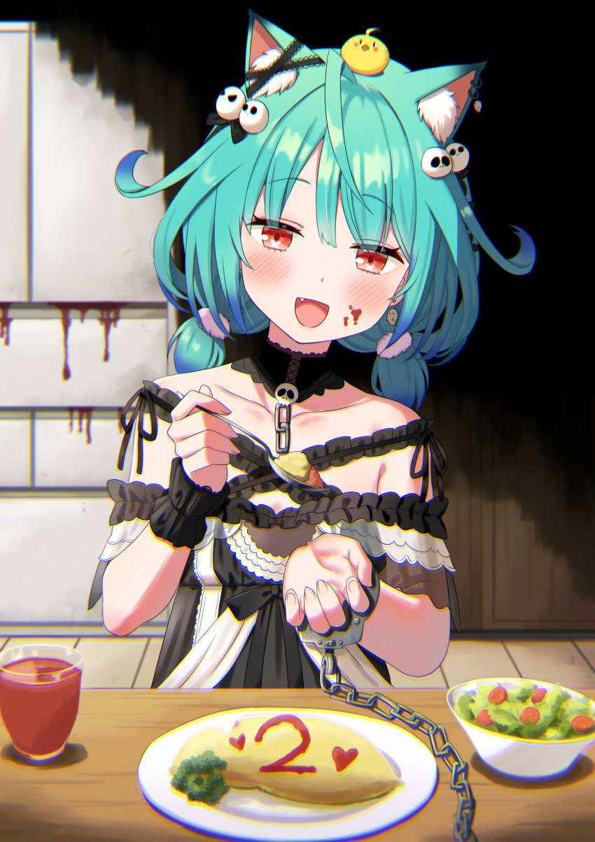 1girl absurdres animal_ear_fluff animal_ears black_dress blue_hair bowl brick_wall broccoli cat_ears cat_girl commentary_request cuffs door dorianpanda dress earrings fang food ghost_earrings ghost_hair_ornament glass green_hair hair_ornament handcuffs highres hololive jewelry low_twintails multicolored_hair omurice open_mouth piyoko_(uruha_rushia) plate pov red_eyes salad smile solo spoon twintails two-tone_hair uruha_rushia