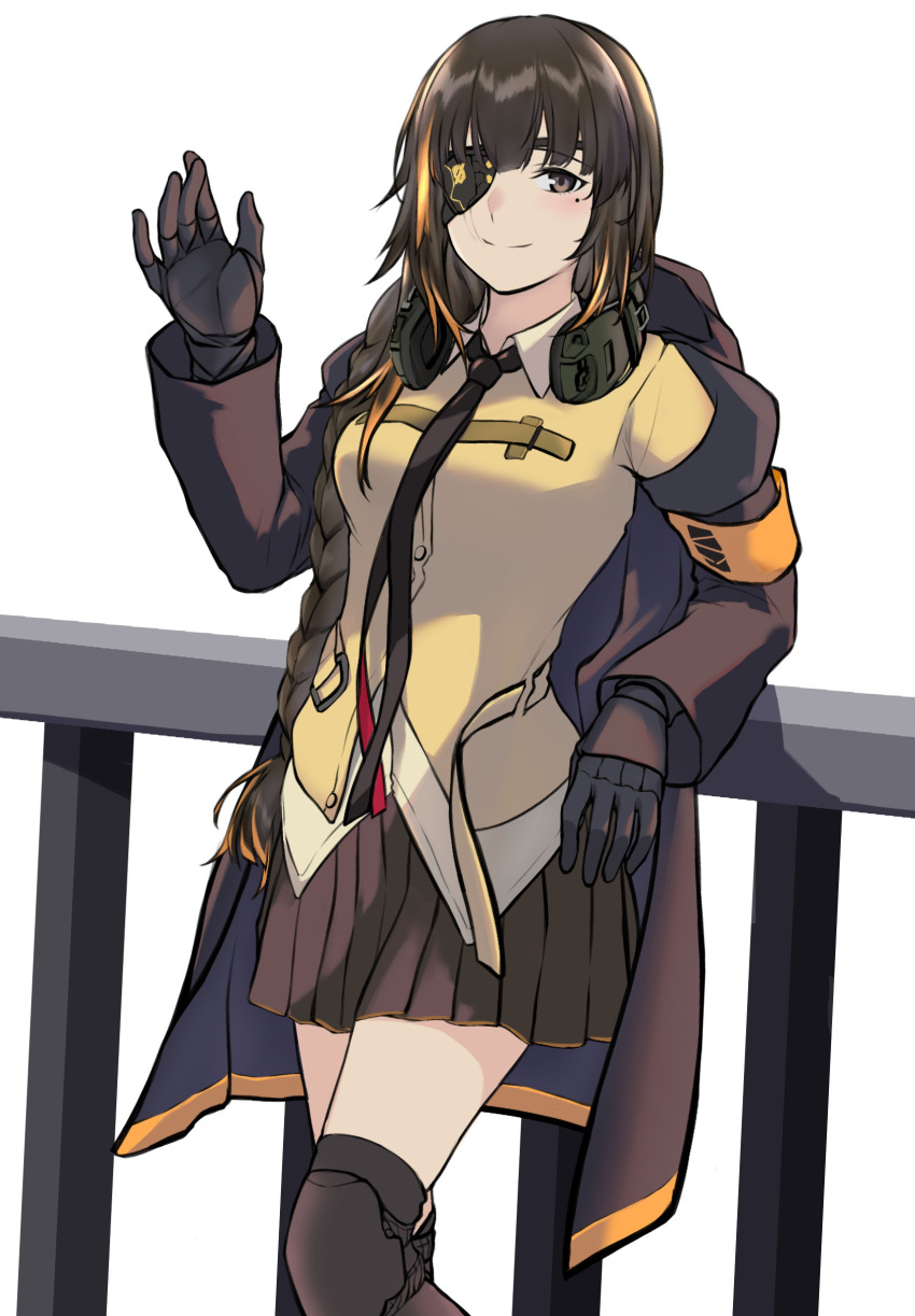 1girl 3_small_spiders absurdres armband bangs blonde_hair braid brown_eyes brown_hair collared_shirt commentary_request cowboy_shot ear_protection eyepatch girls_frontline gloves hair_over_shoulder highres hood hood_down hooded_jacket jacket knee_pads leaning_on_rail light_blush long_hair looking_at_viewer m16a1_(girls_frontline) mole mole_under_eye multicolored_hair necktie pleated_skirt railing scar scar_across_eye shirt skirt smile solo streaked_hair thigh-highs waving white_background