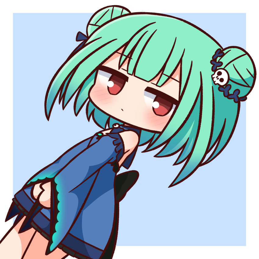 1girl bangs bare_shoulders blue_background blue_bow blue_dress blue_flower blue_sleeves bow chibi closed_mouth detached_sleeves double_bun dress dutch_angle eyebrows_visible_through_hair flower green_hair hair_bow hair_flower hair_ornament hana_kazari highres hololive long_sleeves looking_at_viewer red_eyes skull_hair_ornament sleeveless sleeveless_dress solo two-tone_background uruha_rushia white_background wide_sleeves