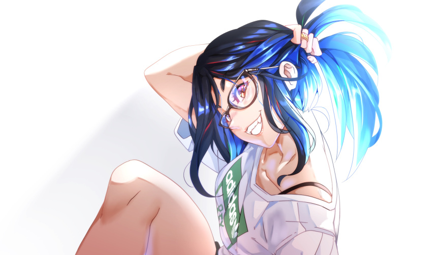 1girl absurdres adidas animification blue_hair bra_strap brown_eyes glasses hair_behind_ear highres jewelry kson long_hair looking_at_viewer nisego parted_hair ponytail real_life ring shirt shorts smile solo t-shirt white_shirt