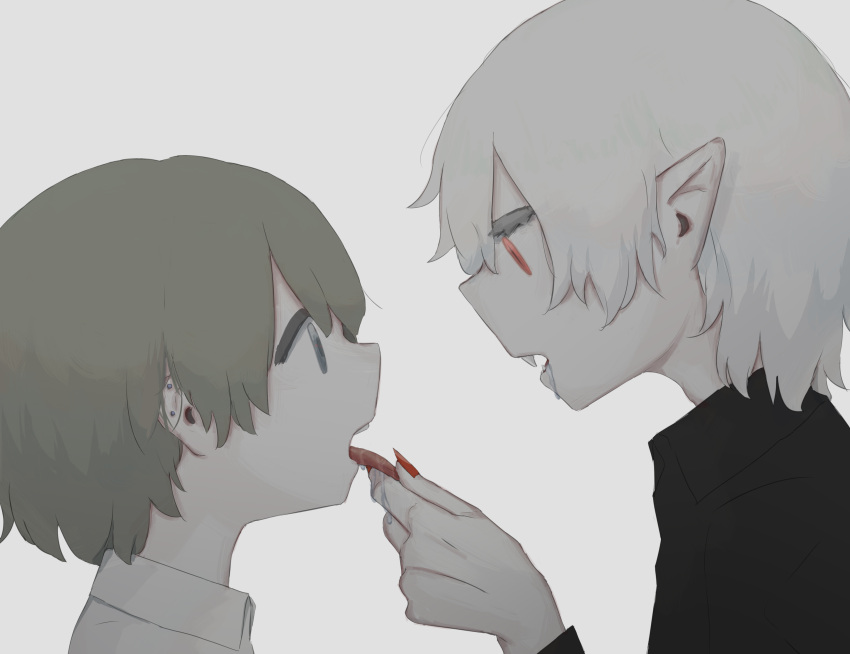 2boys absurdres avogado6 black_shirt blue_eyes commentary_request drooling ear_piercing eye_contact fangs fingernails from_side grey_hair hair_between_eyes highres long_fingernails looking_at_another multiple_boys open_mouth original pale_skin piercing pointy_ears profile red_eyes red_nails saliva sharp_fingernails shirt simple_background tongue tongue_grab tongue_out vampire white_background white_hair white_shirt