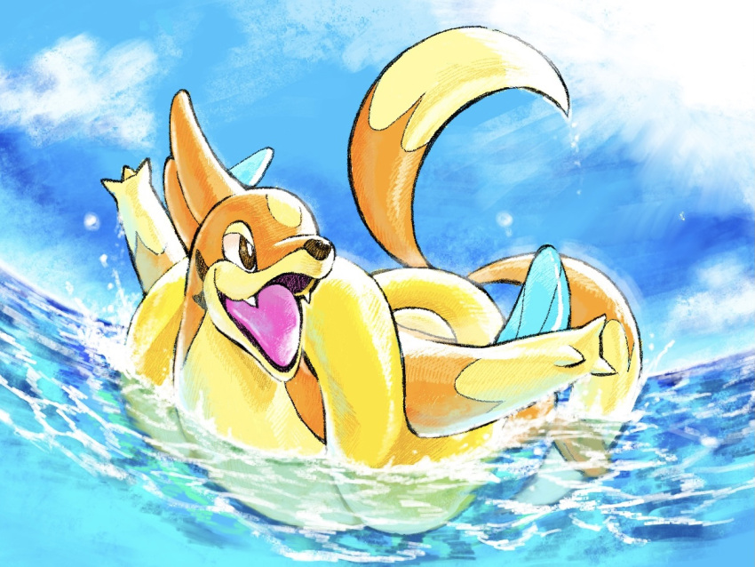 bright_pupils brown_eyes clouds commentary_request day fangs floatzel full_body gen_4_pokemon no_humans ocean open_mouth outdoors outstretched_arms pokemon pokemon_(creature) sky solo teo_drill tongue water white_pupils