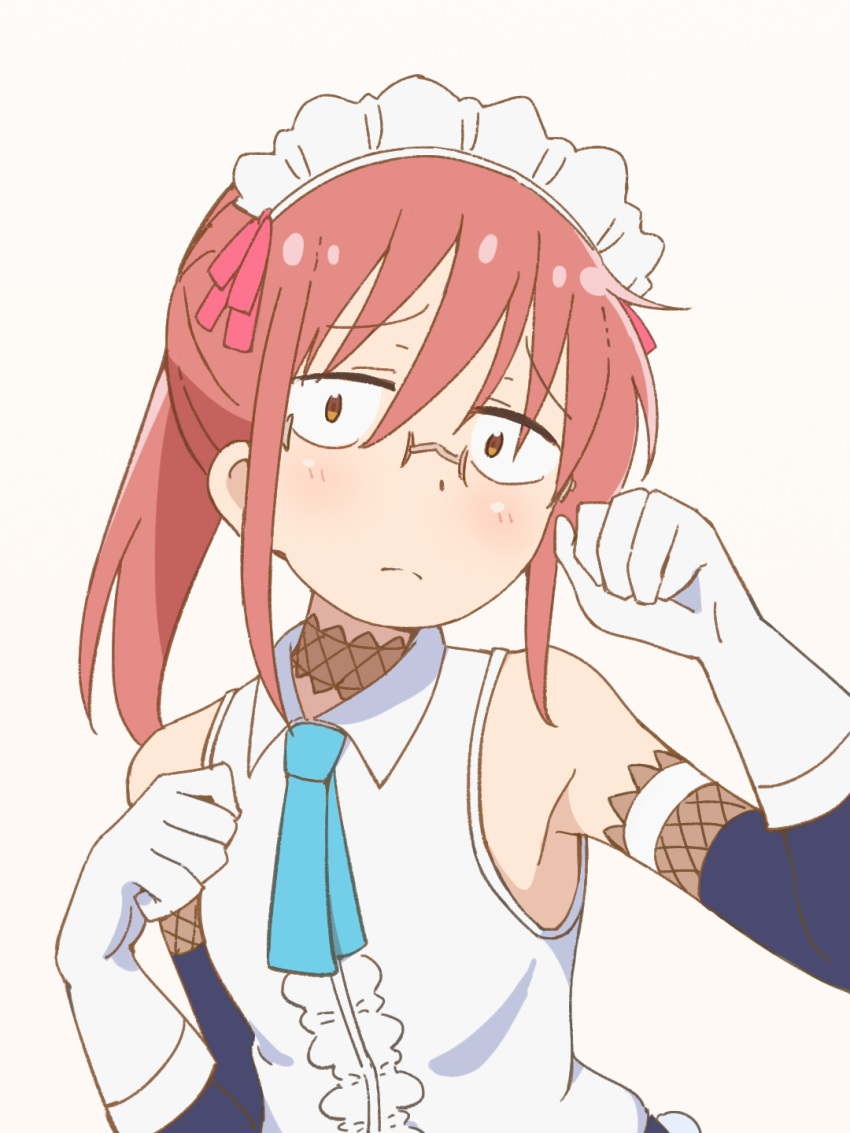 1girl alternate_costume armpit_peek bangs bare_shoulders blue_neckwear blush choker collared_shirt cosplay elbow_gloves enmaided flat_chest frills frown furrowed_brow glasses gloves hair_between_eyes hands_up highres kobayashi-san_chi_no_maidragon kobayashi_(maidragon) maid maid_headdress medium_hair necktie paw_pose red_eyes redhead shirt short_necktie short_ponytail shy simple_background sleeveless sleeveless_shirt tachi_yuzuki tohru_(maidragon) tohru_(maidragon)_(cosplay) upper_body white_background white_gloves