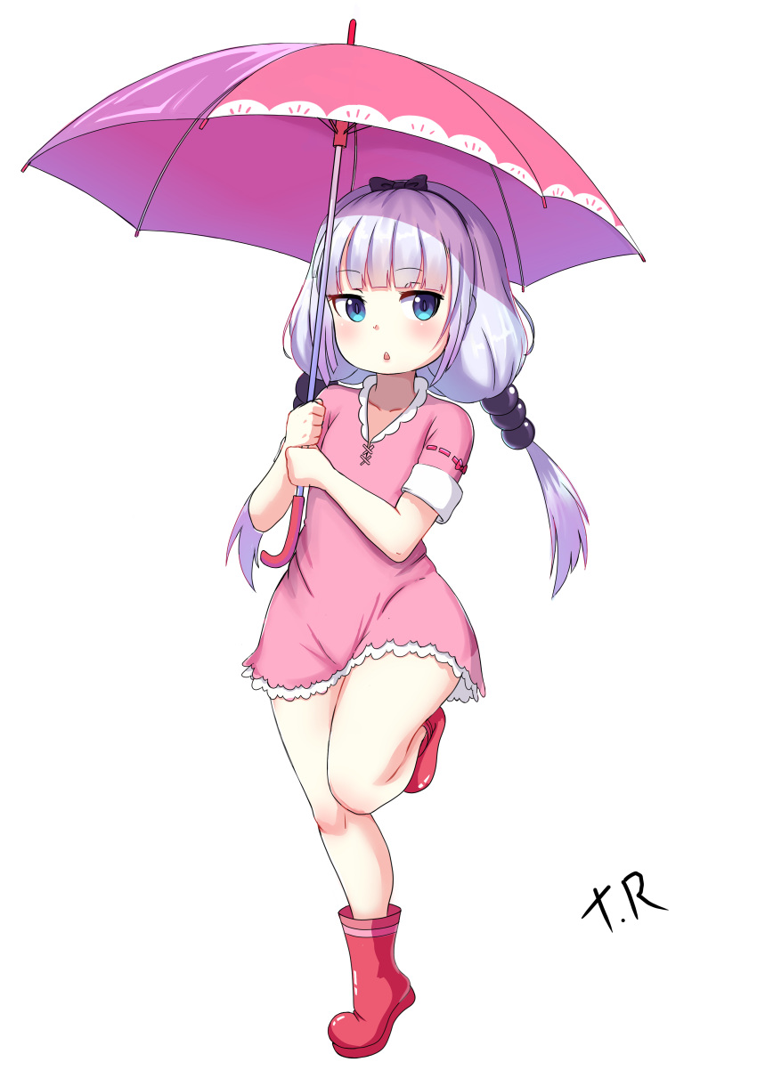 1girl absurdres beads blue_eyes boots bow dress full_body hair_beads hair_bow hair_ornament highres kanna_kamui kobayashi-san_chi_no_maidragon leg_up legs long_hair low_twintails pink_dress pink_hair pink_umbrella red_footwear ribbon rubber_boots short_dress short_sleeves simple_background solo standing standing_on_one_leg thighs triagorodri twintails umbrella white_background