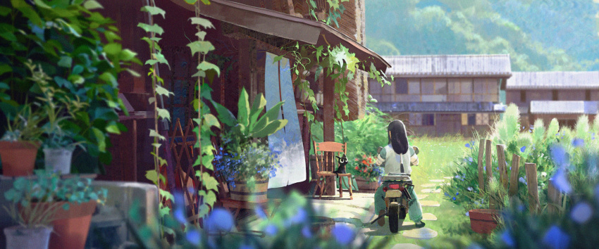 2boys black_cat black_hair blue_fire building cat chair chenalii day fire grass highres leaf long_hair low-tied_long_hair luoxiaohei multiple_boys outdoors plant potted_plant shadow the_legend_of_luo_xiaohei wuxian_(the_legend_of_luoxiaohei)