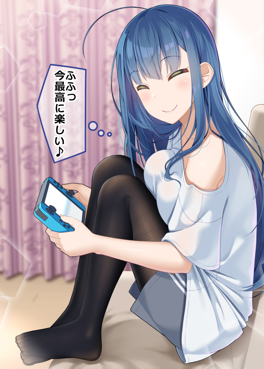 1girl ^_^ ahoge bangs black_legwear blue_hair blurry blurry_background blush breast_press breasts closed_eyes closed_mouth collarbone couch depth_of_field eyebrows_visible_through_hair facing_viewer grey_shorts gurande_(g-size) handheld_game_console highres holding indoors knees_up legwear_under_shorts long_hair medium_breasts no_shoes off_shoulder on_couch original pantyhose shirt short_shorts short_sleeves shorts sitting smile solo translation_request v-shaped_eyebrows very_long_hair white_shirt