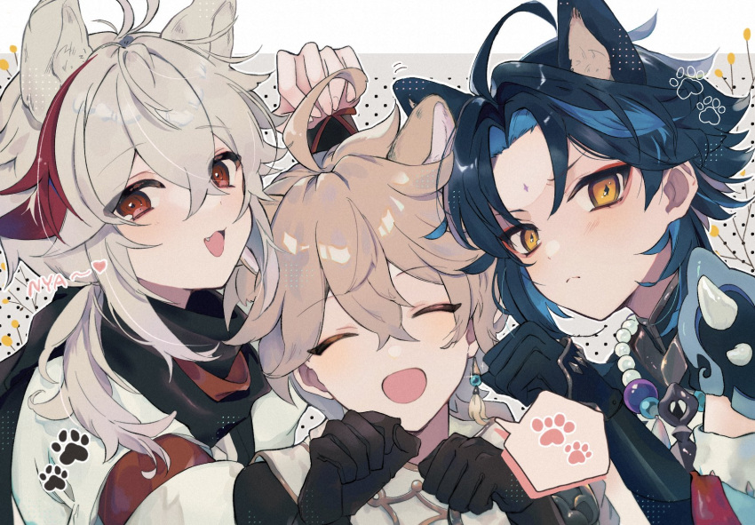 3boys ^_^ aether_(genshin_impact) ahoge animal_ears bangs bead_necklace beads black_gloves black_scarf blonde_hair blue_hair cat_boy cat_ears closed_eyes earrings eyebrows_visible_through_hair facial_mark fang forehead_mark frown genshin_impact gloves hair_between_eyes hand_up hands_up highres jewelry kaedehara_kazuha long_hair male_focus multicolored_hair multiple_boys necklace open_mouth paw_pose ponytail red_eyes redhead riiichi5 scarf single_earring smile streaked_hair two-tone_hair upper_body v-shaped_eyebrows white_hair xiao_(genshin_impact) yellow_eyes